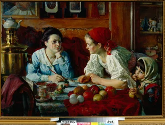 サンクトペテルブルク (ロシア) への手紙 - Vasili Andreyevich Golynsky (1854-1904) による絵画、キャンバスに油彩 (68x93.5 cm)