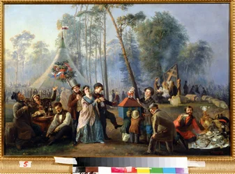気晴らし publique a Maryina Roshcha a Moscou (モスクワの Maryina Roshcha で公共の陽気な作り)。 Peinture de Vasili Yegorovich Astrakhov (?-apres 1867)。 ユイル・シュル・トワル、49 x 73 cm