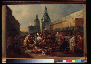 モスクワの中国の壁の近くの軽食屋台。 Vasili Yegorovich Astrakhov (?-1867 年以降) による絵画。 キャンバスに油彩、43 x 57.5 cm