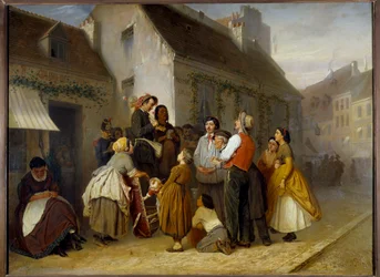 パリの街角の風景。通行人が路上ミュージシャンのカップルの前で足を止めています。男性はエフル（2本の弦を弓でこする楽器）を演奏し、妻は歌を歌っています。絵画：Vasili (Vasili) Perov (1833-1882)