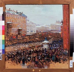 1917年のモスクワでの革命デモ。 ロシアの首都の通りでのボルシェビキ プロレタリア革命のエピソード。 Vasili Nikitich Meshkov（Vassili Meshkov）（1868-1946）による絵画、油