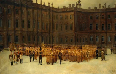 insurrection decembriste ou Insurrection decabriste (1825) - 12月14日に冬の宮殿の宮廷で行われた命婦衛兵野戦工兵大隊の部隊編成の前のニコライ1世 par Maxutov, Vasili Nikolayevich (1826-1886).キャンバスに油彩、サイズ