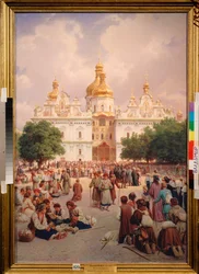 Devant le monastere des Caves a Kiev (ウクライナ) (洞窟のキエフ修道院の前) - Peinture de Vasili Petrovich Vereshchagin (Vassili Verechtchaguine) (1835-1909), huile sur toile