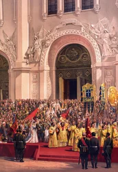 ロシア皇帝アレクサンドル3世（1845-1894）と皇后マリア・フョードロヴナ（デンマークのダウマー）（1847-1928）の戴冠式アルバム - 救世主ハリストス大聖堂を退出する皇帝夫妻（戴冠式アルバムより）