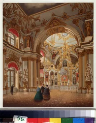サンクトペテルブルクの冬宮殿の大礼拝堂。 Vasily Semyonovich Sadovnikov (1800-1879) の作品、紙に水彩。 19世紀のロシア美術。 A. プーシキン記念博物館、サンクトペテルブルク。