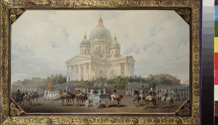 サンクトペテルブルクの聖イサアク大聖堂前のパレード。 Vasily Semyonovich Sadovnikov (1800-1879) の作品、紙に水彩