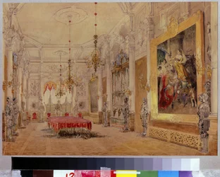 マナーハウス・ヴェルキのダイニングルーム。 Vasily Semyonovich Sadovnikov (18000-1879) の作品、キャンバスに水彩