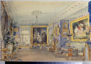 マナーハウスVerkiのリビングルーム。 Vasily Semyonovich Sadovnikov (1800-1879) の作品、紙に水彩