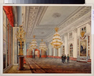 サンクトペテルブルクの冬宮殿の大広間 (またはニコラス ホール)。 Vasily Semyonovich Sadovnikov (1800-1879) の作品、紙に水彩