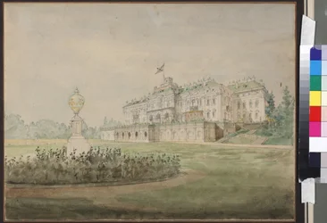 Le palais Constantin a Strelna, pres de Saint Petersbourg - サンクトペテルブルク近郊のストレルナにあるコンスタンティヌス宮殿の眺め、サドヴニコフ（Vasily Semyonovich）（1800-1879）作。紙に水彩画