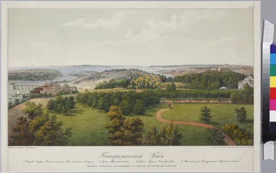 サドヴニコフ、ワシリー・セミョーノヴィッチ（1800-1879）による「スヴェアボーグとヘルシングフォーのパノラマ風景（シート2）」。リトグラフ、水彩画