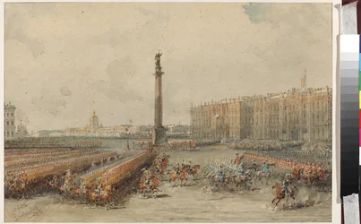 宮殿前広場での救命馬軍団のパレード - ワシーリー・セミョーノヴィッチ・サドヴニコフ（1800-1879）。紙に水彩画と白地