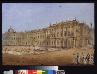 サンクトペテルブルクの冬宮殿でのミリタリー レビュー。 Vasily Semyonovich Sadovnikov (1800-1879) の作品、紙に水彩、1840 年頃。 ロシア美術