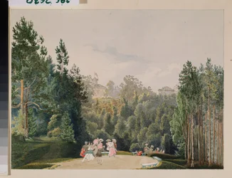 公園でのシーン。 Vasily Semyonovich Sadovnikov (1800-1879) の作品、紙に水彩