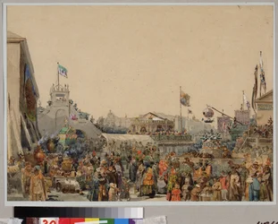 サンクトペテルブルクのアドミラルティ広場にある見本市会場。 Vasily Semyonovich Sadovnikov (1800-1879) の作品、紙に水彩