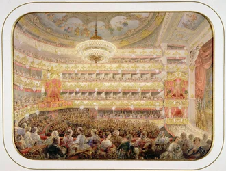 サンクトペテルブルク帝国ボリショイ・カメヌイ劇場の講堂 par Sadovnikov, Vasily Semyonovich (1800-1879).水彩画、ガッシュ、紙 サイズ：35x26