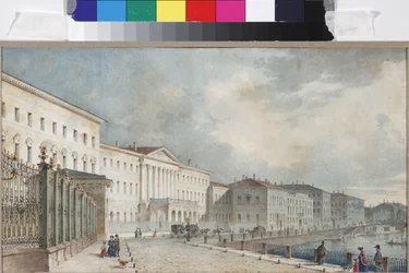 サドヴニコフ（Vasily Semyonovich, 1800-1879）の「フォンタンカ川のエカテリーナ研究所」。紙に水彩画