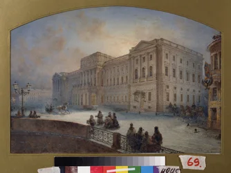 冬のマルリンスキー宮殿の眺め (サンクトペテルブルク)。 Vasily Semyonovich Sadovnikov (1800-1879) の作品、紙に水彩
