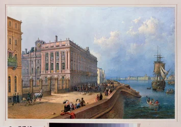 ネヴァ川の堤防とサンクトペテルブルクの大理石宮殿の眺め。 Vasily Semyonovich Sadovnikov (1800-1879) の作品、紙に水彩