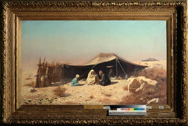 砂漠のアラブ人、コーラン研究 - Vasili Vasilyevich Vereshchagin (Vassili Vereshchagin) (1842-1904) による絵画、キャンバスに油彩、ロシア美術 19 ～ 20 世紀 - 国立美術館、オデッサ (ウクライナ)