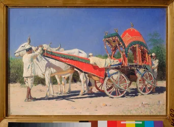 デリー (インド) の裕福な家族の乗り物 - Vasili Vasilyevich Vereshchagin (Vassili Vereshchagin) (1842-1904) による絵画、キャンバスに油彩