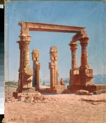 エジプトの寺院の遺跡 (エジプトの寺院の遺跡) - Vasili Vasilyevich Vereshchagin (Vassili Vereshchagin) (1842-1904) による絵画、キャンバスに油彩、ロシアの芸術、風景 19 ～ 20 世紀 - 地域美術館、Gorlovka (または Horlivka) ( ウクライナ)