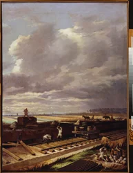 鉄道線の建設作業 - Vasili Vladimirovich Pukirev (Vassili Poukirev) (1832-1890) による絵画、キャンバスに油彩
