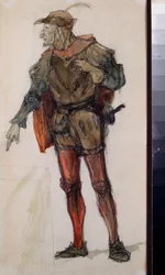 オペラ「ファウスト」の男性衣装 シャルル・グノー作 (1818-1893) - オペラ「ファウスト」の衣装デザイン - シャルル・グノー作 - ヴァシリ・ドミトリエヴィッチ・ポレノフ作 (1844-1927)、紙に鉛筆と水彩