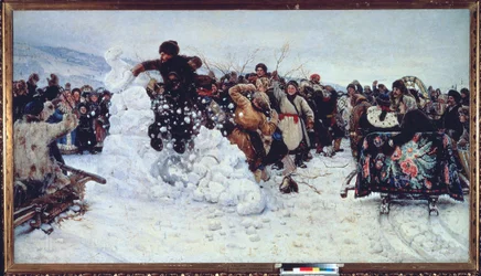 雪の要塞の嵐 (正統派の四旬節、マスレニツァの歓喜の人気シーン) - Vasilli Ivanovich Surikov (Vasily Surikov または Vassili Surikow) (1848-1916) による絵画、キャンバスに油彩