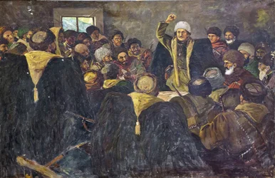 Grigory Konstantinovitch Ordjonikidze (1886-1937) - Sergo Ordzhonikidze in North Caucasus par Krotkov、Vasily Anfimovich (1880-1939)。 キャンバスに油彩、サイズ：100x150