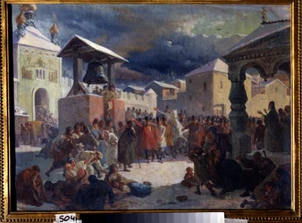 ノヴゴロド共和国の veche (スラブ諸国の中世の人々 の集会) (ノヴゴロド共和国の veche)。 Vasili Grigorievich Khudyakov (1826-1871) による絵画。 キャンバスに油彩