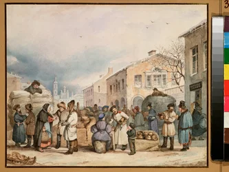 サンクトペテルブルクの干し草の市場 - Vasili Ivanovich Shternberg (1818-1845) の作品、紙に水彩