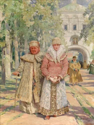 修道院の門の外 - Vasily Ivanovich Navozov (1862-1919) の絵画、キャンバスに油彩 (49x41.5 cm)