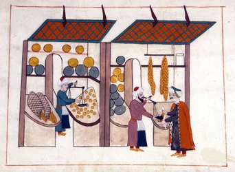 オスマン帝国時代のトルコ、コンスタンティノープルの青果商人（四季）。ミニチュア「トルコの記念品」（codex Cicogna 1971 "Memorie Turchesche"）より 17世紀ヴェネツィア派の水彩画。
