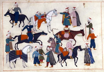 オスマン帝国時代のトルコの馬市。ミニチュア「トルコの記念品」（codex Cicogna 1971 "Memorie Turchesche"）より 17世紀ヴェネツィア派の水彩画。