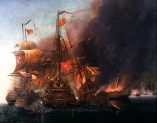 1570年のキプロス包囲戦におけるファマグスタ沖でのオスマン艦隊とヴェネツィア艦隊の戦い 16世紀のヴェネツィア派の絵画。イスタンブール、海軍博物館
