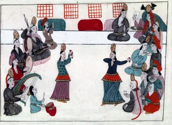オスマン帝国時代の音楽家と舞踊家。ミニチュア「トルコの記念品」（codex Cicogna 1971 "Memorie Turchesche"）より 17世紀ヴェネツィア派の水彩画。