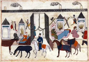 オスマン帝国時代のトルコにおけるキャラバンの内部の様子。ミニチュア「トルコの記念品」（codex Cicogna 1971 "Memorie Turchesche"）より 17世紀ヴェネツィア派の水彩画。