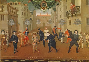 イタリアとフランスのコメディアン、ファースで演奏、1670