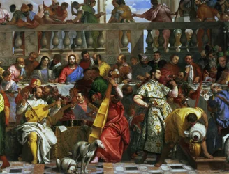 カナの結婚のごちそう、ミュージシャンと犬の詳細、c.1562油彩、94932