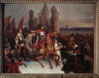 ロシアのツァーリ ヴァシーリー 4 世とロシアのヤコブ デ ラ ガルディ伯爵 (1583-1652) とヤコブ (ジャック) デ ラ ガルディ伯爵のモスクワへの入場 - ヴャチェスラフ グリゴリエヴィッチ シュヴァルツ (1838-18) の絵画