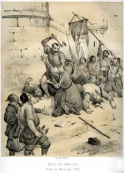 1358年7月、王党派の指導者の一人であったエシュヴァン、ジャン・マイヤールによる、富裕な呉服商、プレヴォ・デ・マルセル（1316-1358年）の暗殺。ヴィクトール・アダム（1801-1866）による版画。