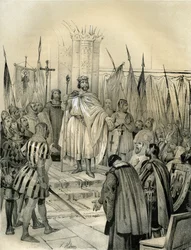 987年、ノヨンで行われたユーグ・カペ（941-996）の戴冠式。この戴冠式がカペー朝の始まりであり、フランス王家は8年間、直接または間接的に王位を継承した。ヴィクトール・アダム（1801-1866年）による『フランスの中のフランス』（邦訳『フランスの中のフランス』）に掲載された版画。