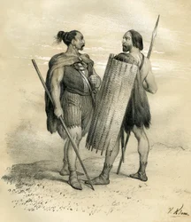 254年頃のフランとシカンベールの戦士たち。シカンベールはリッペ川以南のゲルマン民族で、8世紀にローマ人に従属させられ、その後フラン民族に統合された。ヴィクトール・アダム（1801-1866）による『フランスの歴史』（邦訳『フランスの歴史』）に掲載された版画。