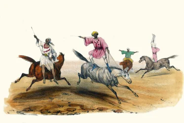 La voltige, par des Bedouins. "Album Grotesque, Choices of Types Remarkable "の中の、Victor Adamによるイラスト、1850年頃のパリ。