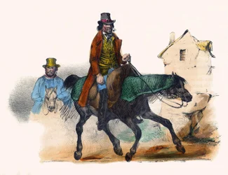 儲け話をしている牛肉商人。1850年頃、パリで制作されたヴィクター・アダムの挿絵「グロテスク・アルバム、傑出したタイプの選択」に収録されている。