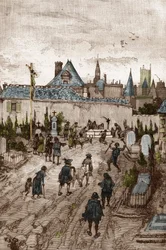 Jansenist convulsionary (または Saint Medard) (痙攣の作品) は 18 世紀: 「病人や体の弱った人々は、奇跡的にゲリスになるために、Saint-Medard (助祭フランソワ・パリの墓がある場所) の墓地に行きます」 (Convulsionnaire の実践 ( けいれん