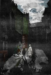 超常現象：「「お化け城の中庭に幽霊が現れる」」（お化け城に幽霊が現れる）「「Les mysteres de la science」」より彫刻、ルイ・フィギエ、個人蔵