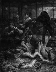 朝のフィッシュホールの一角（1880年）。ヴィクター・ガブリエル・ギルバート（1847-1933）の絵をもとにしたエングレーヴィング。1月29日付「The Illustrous World」n°1244にて