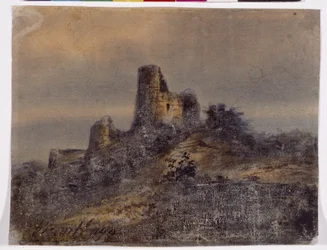 Arques la Bataille (Arques-la-Bataille) の城の遺跡の眺め ヴィクトル・ユーゴー (1802-1885) によるドローイング 19 世紀 薄暗い 17,4x22 cm マルセイユ、シャトー・ボレリー、装飾美術館、ファイアンス、ファッション
